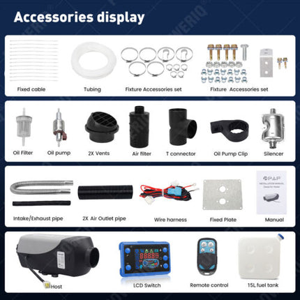 2KW 12V Diesel Air Heater Tank Digital Thermostat Silencer Fliter T Piece Remote